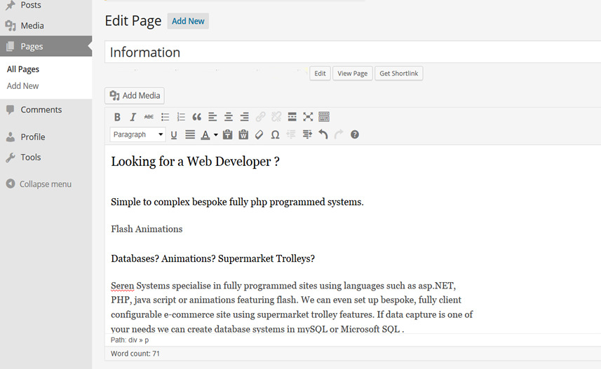 WordPress developer's Guide editing a page.